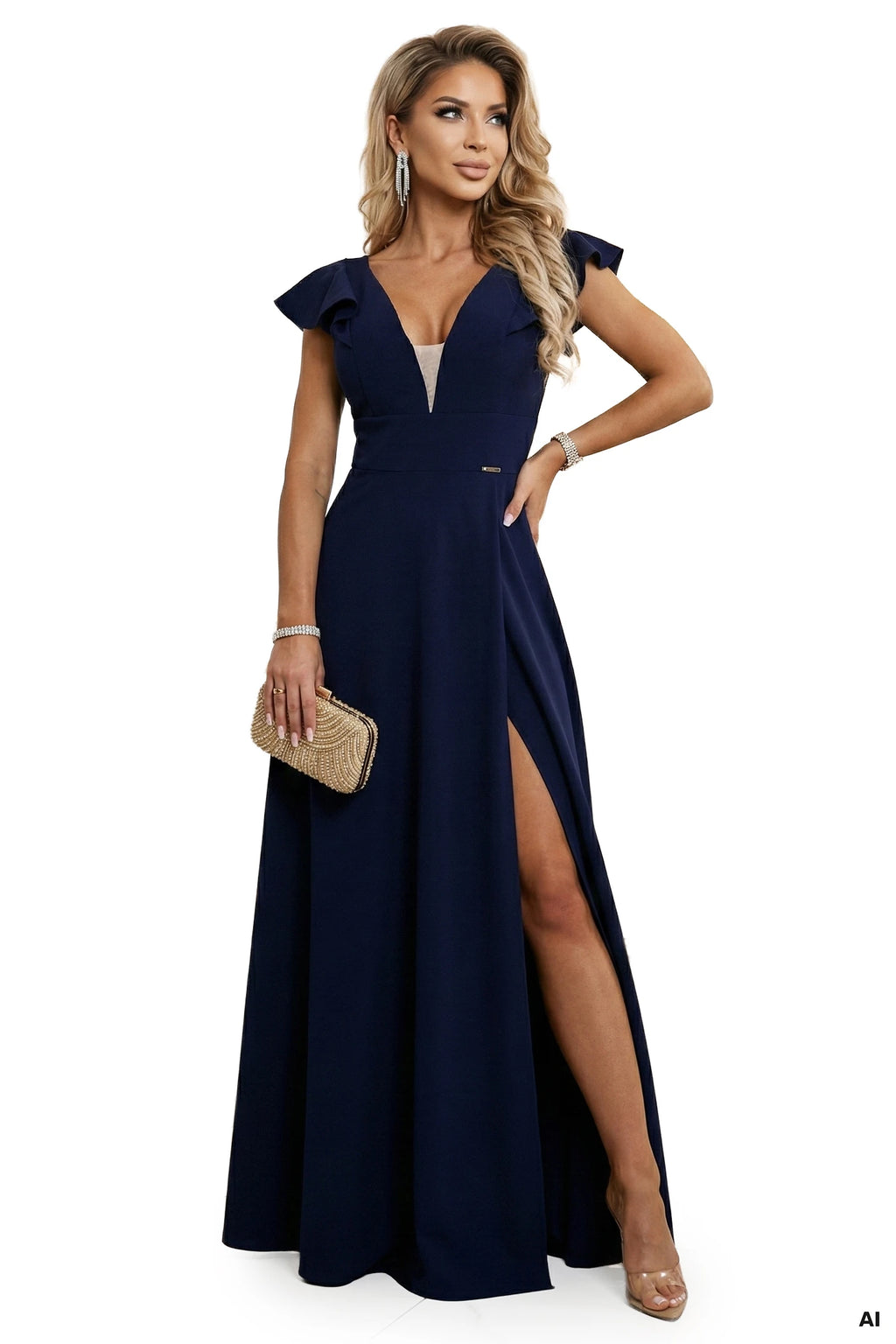 660-1 Rochie maxi elegantă cu volane, decolteu adânc și crăpătură pe picior - bleumarin