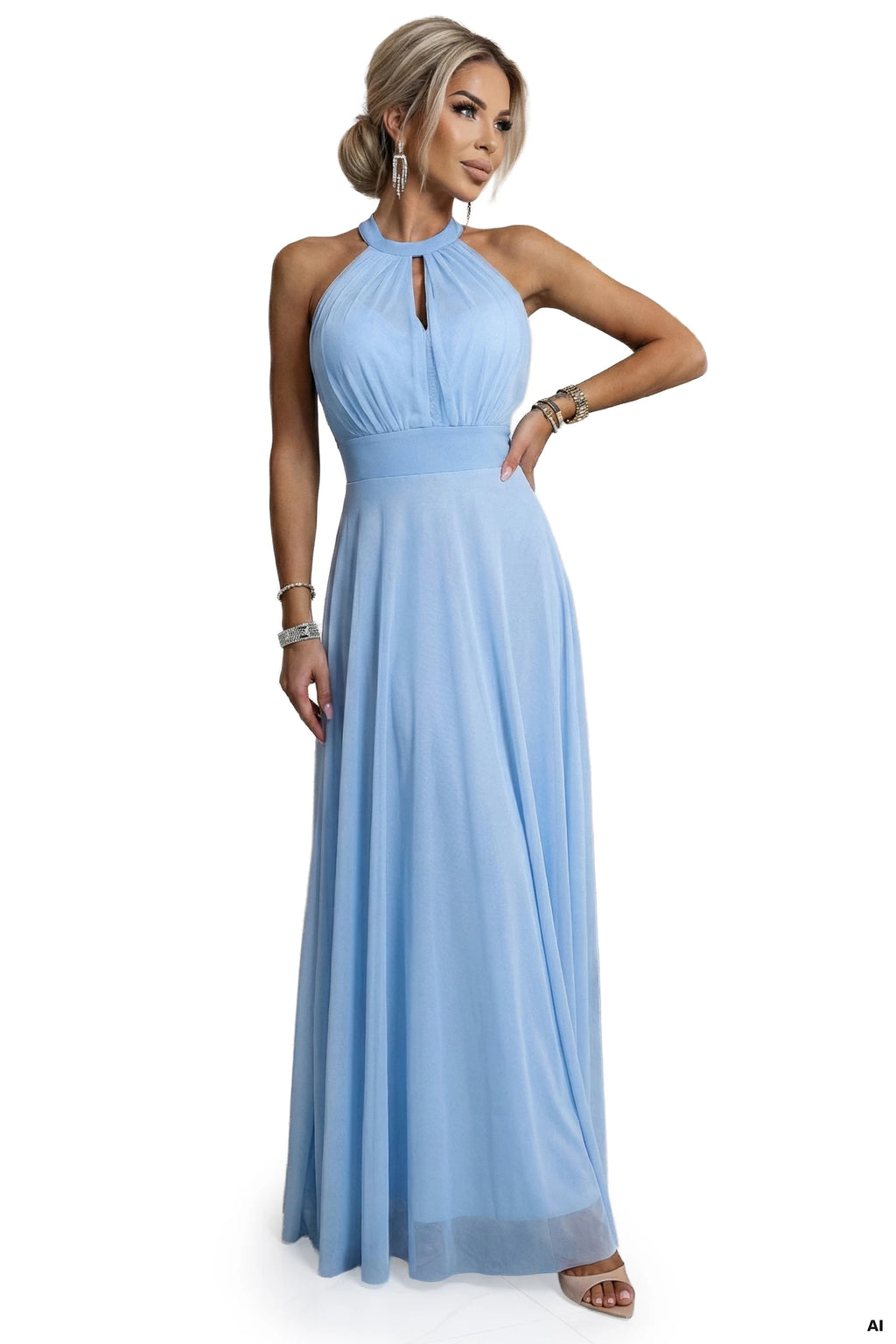 662-1 Rochie de seară elegantă maxi halter cu tul și legătură la talie - albastru deschis