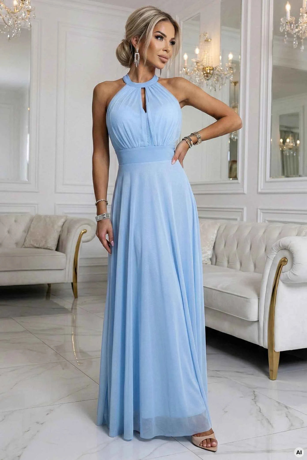 662-1 Rochie de seară elegantă maxi halter cu tul și legătură la talie - albastru deschis