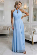 662-1 Rochie de seară elegantă maxi halter cu tul și legătură la talie - albastru deschis