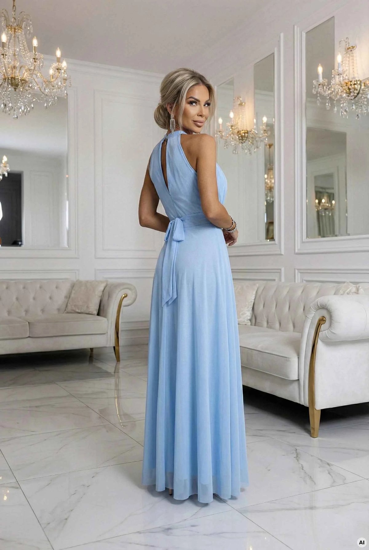 662-1 Rochie de seară elegantă maxi halter cu tul și legătură la talie - albastru deschis