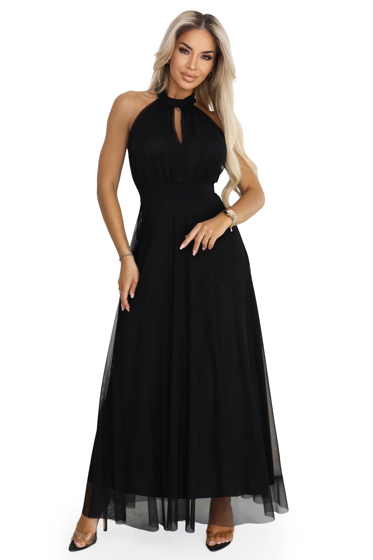 662-2 Rochie de seară elegantă maxi halter cu tul și legătură la talie - neagră