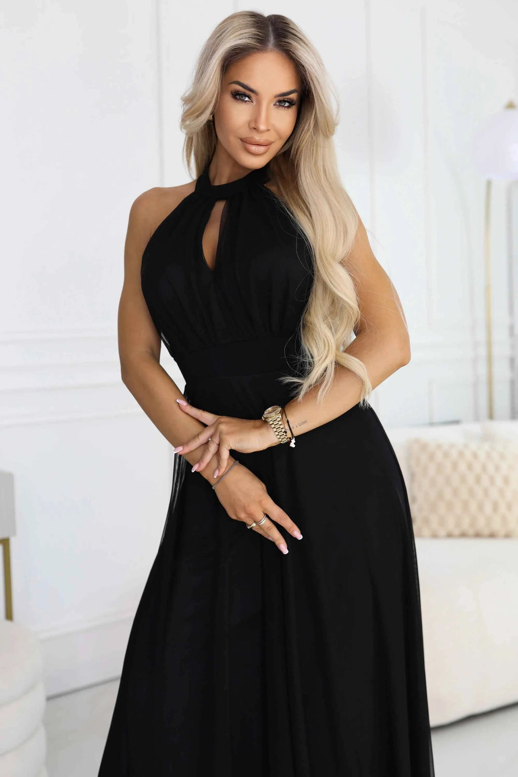 662-2 Rochie de seară elegantă maxi halter cu tul și legătură la talie - neagră
