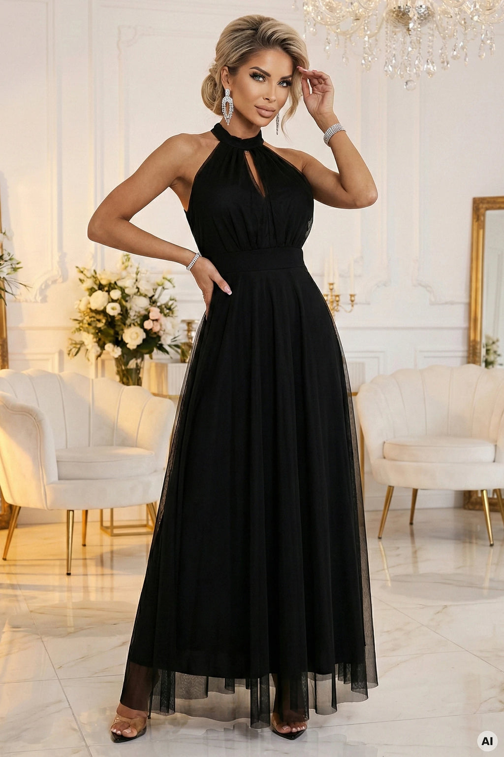 662-2 Rochie de seară elegantă maxi halter cu tul și legătură la talie - neagră