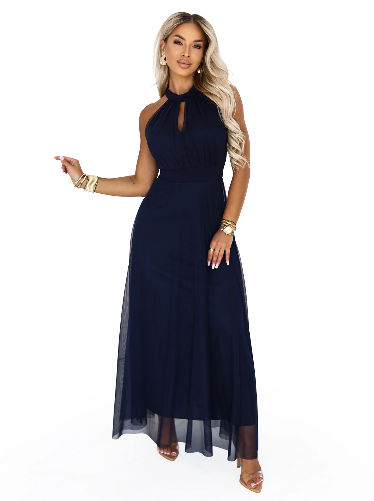 662-3 Rochie de seara maxi eleganta tip halter cu tul si curea la talie - bleumarin