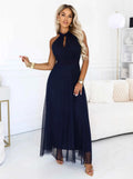 662-3 Rochie de seara maxi eleganta tip halter cu tul si curea la talie - bleumarin