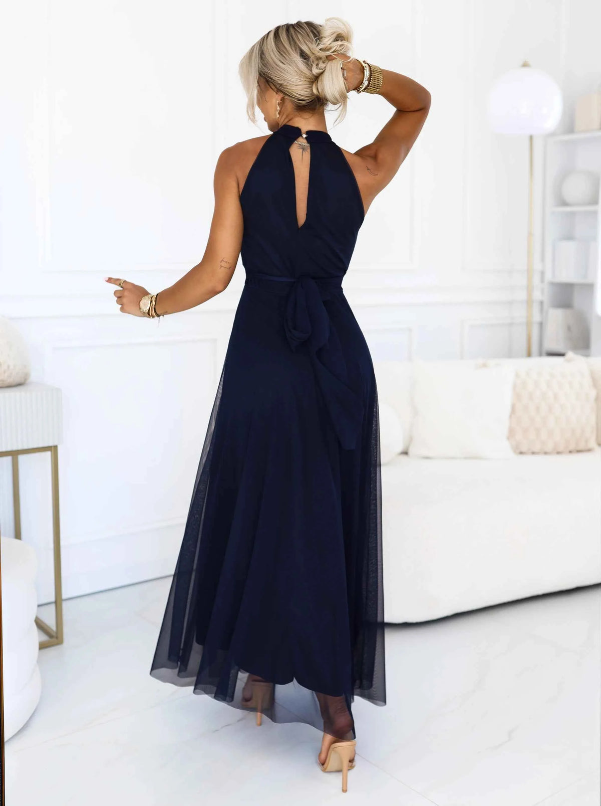 662-3 Rochie de seara maxi eleganta tip halter cu tul si curea la talie - bleumarin