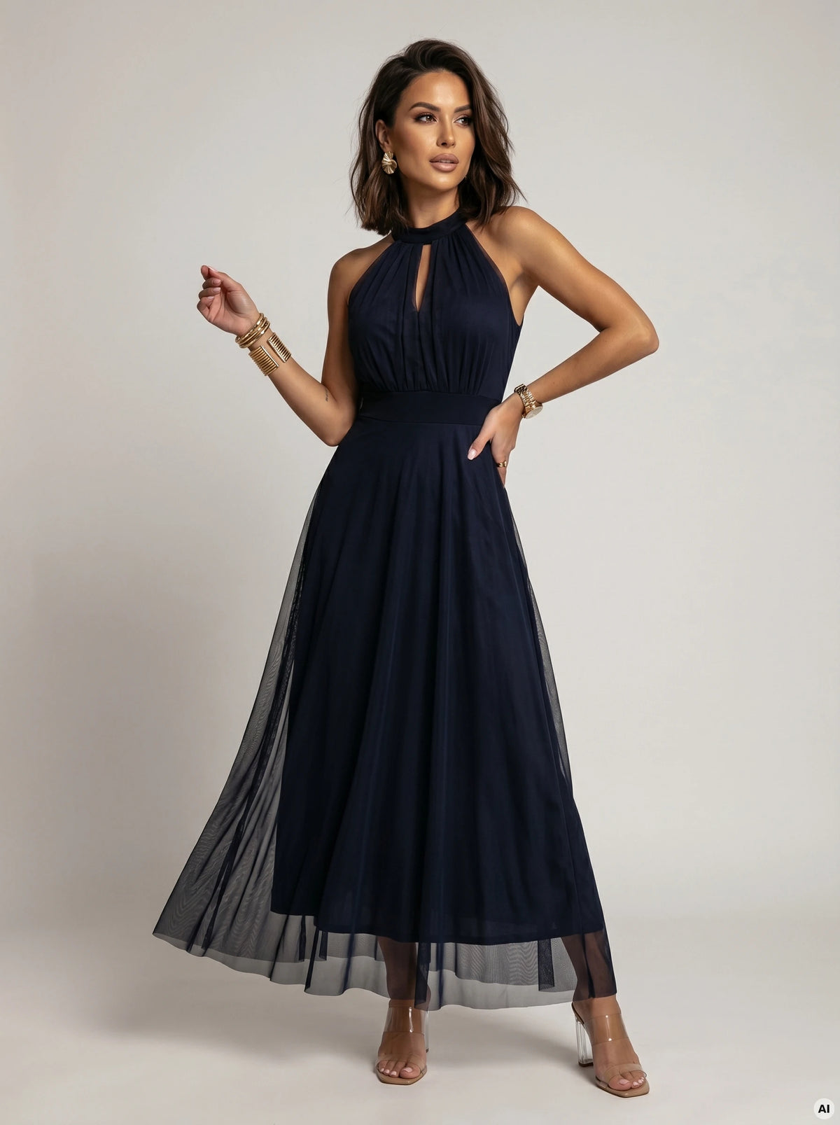 662-3 Rochie de seara maxi eleganta tip halter cu tul si curea la talie - bleumarin