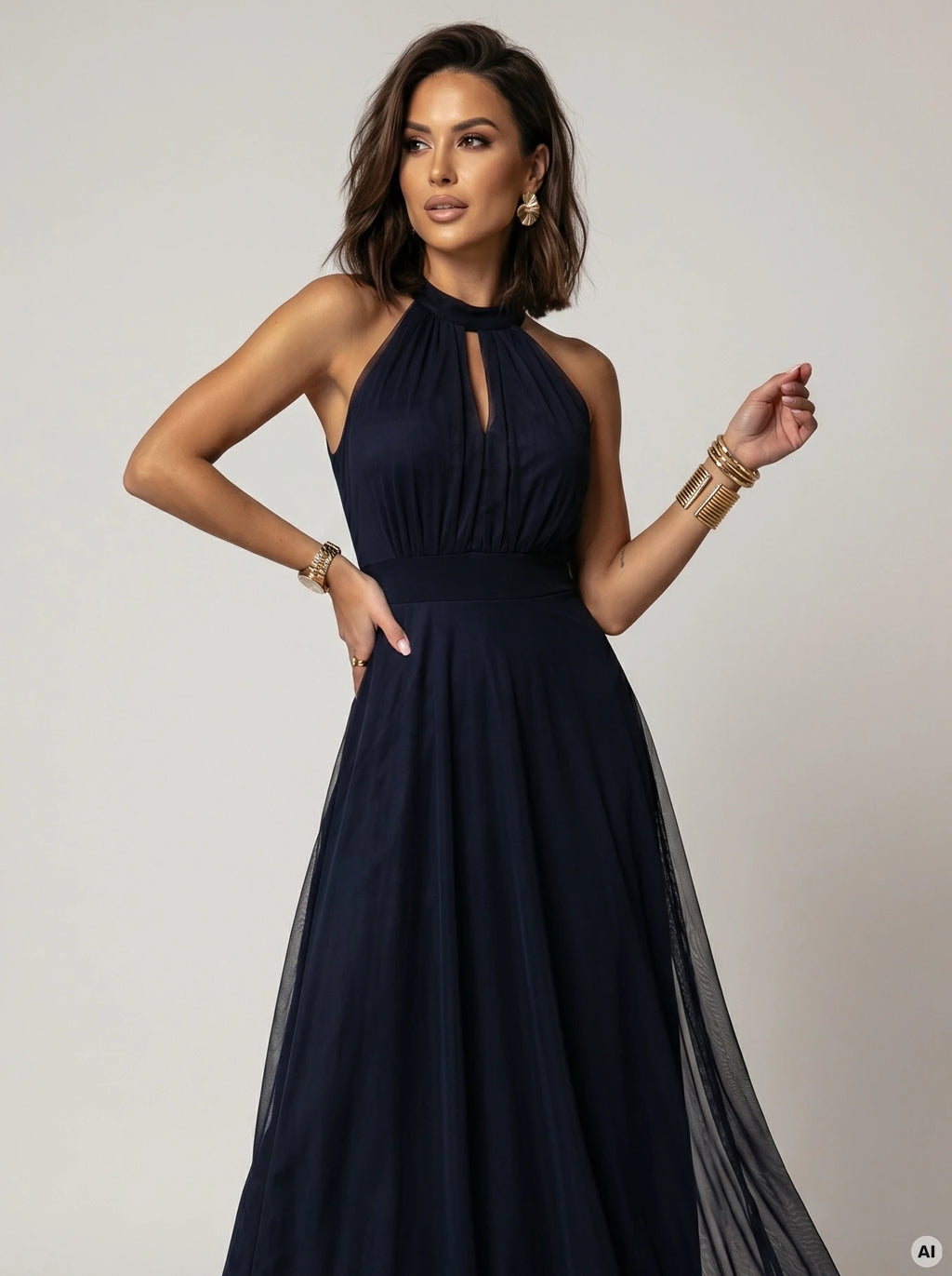 662-3 Rochie de seara maxi eleganta tip halter cu tul si curea la talie - bleumarin