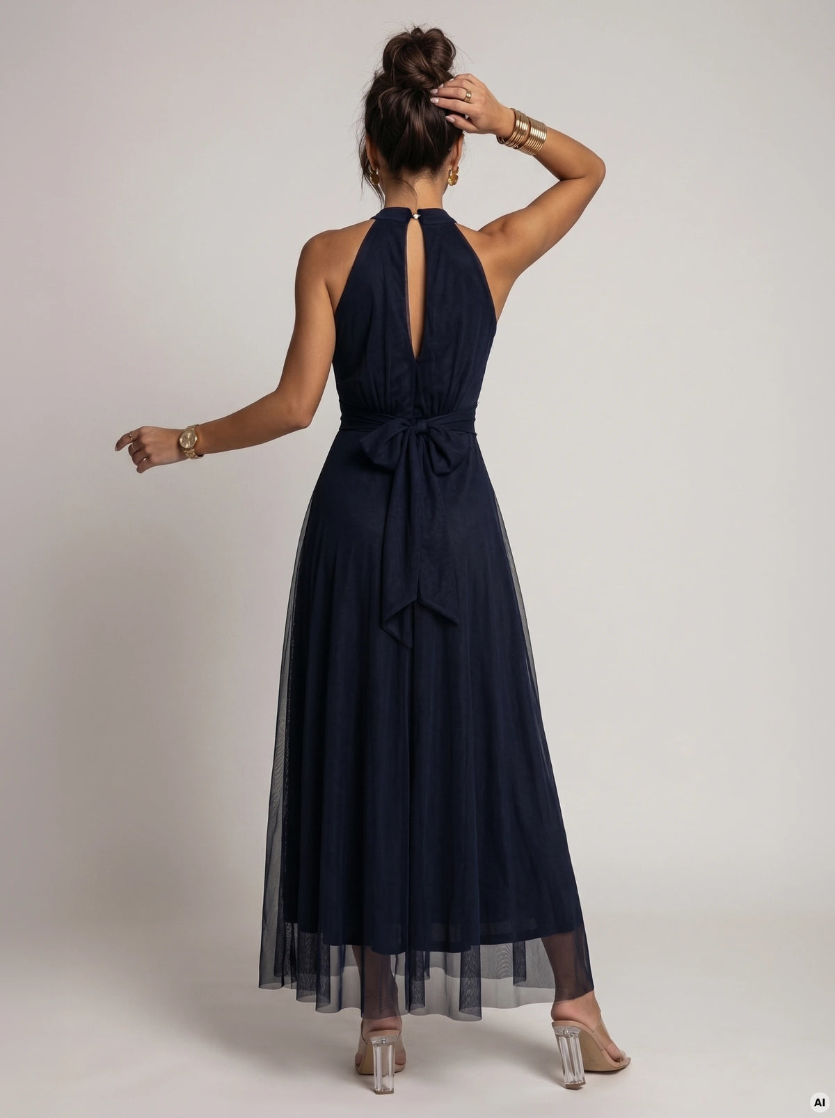 662-3 Rochie de seara maxi eleganta tip halter cu tul si curea la talie - bleumarin
