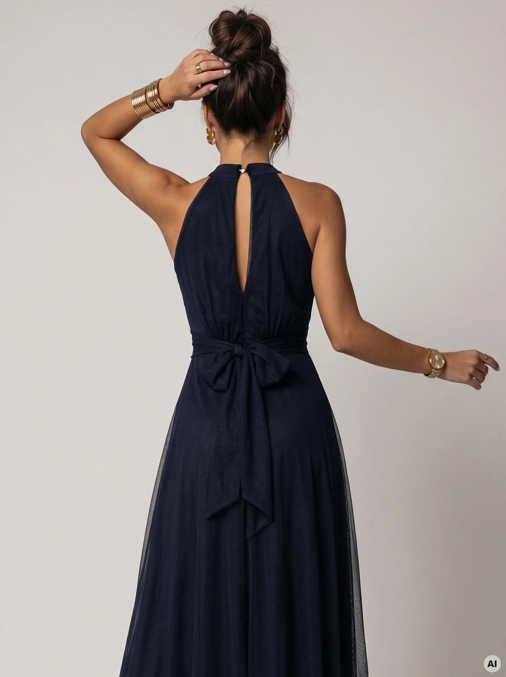 662-3 Rochie de seara maxi eleganta tip halter cu tul si curea la talie - bleumarin