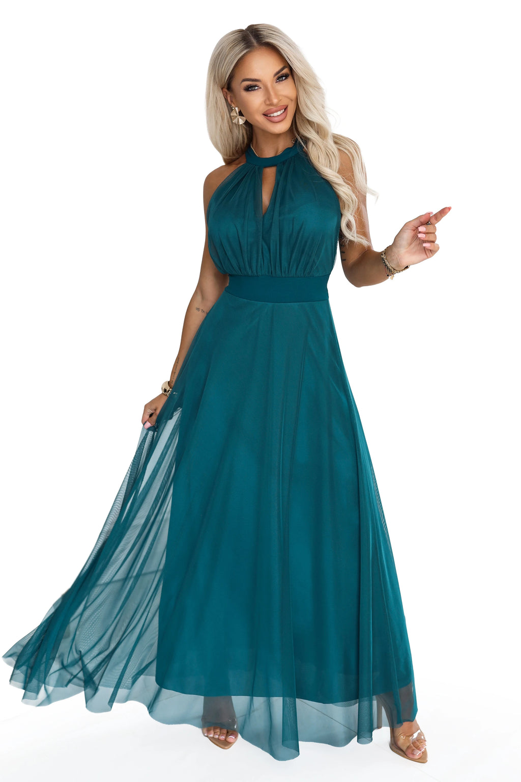 662-4 Rochie de seară maxi elegantă cu decolteu halter, tul și șnur în talie - verde