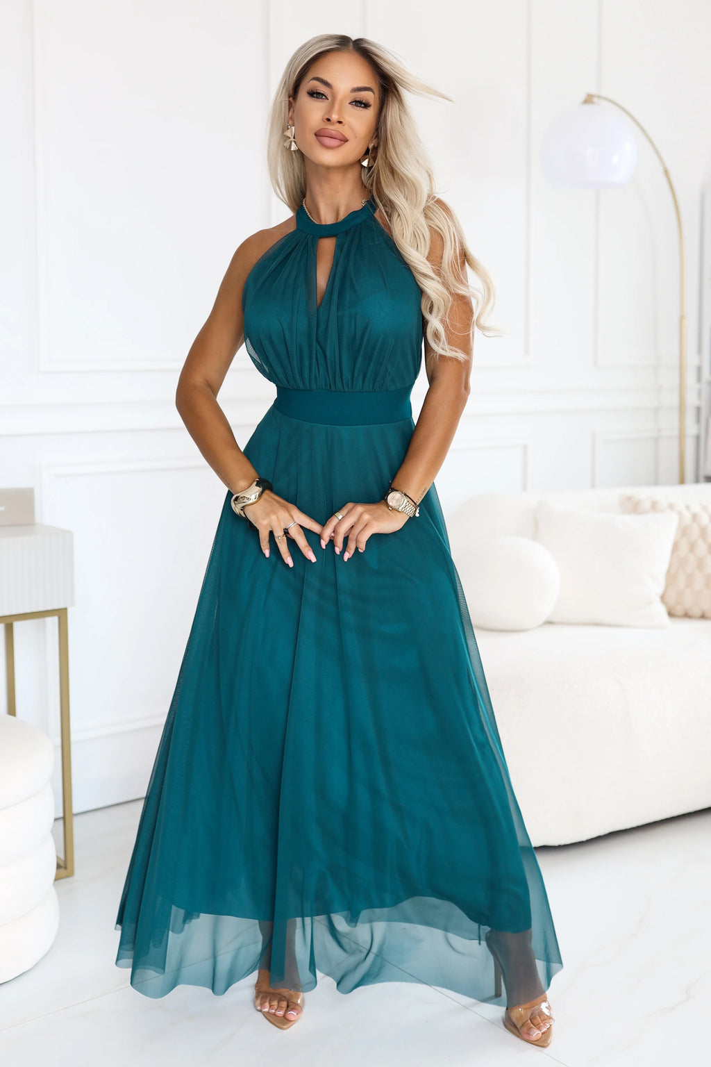 662-4 Rochie de seară maxi elegantă cu decolteu halter, tul și șnur în talie - verde