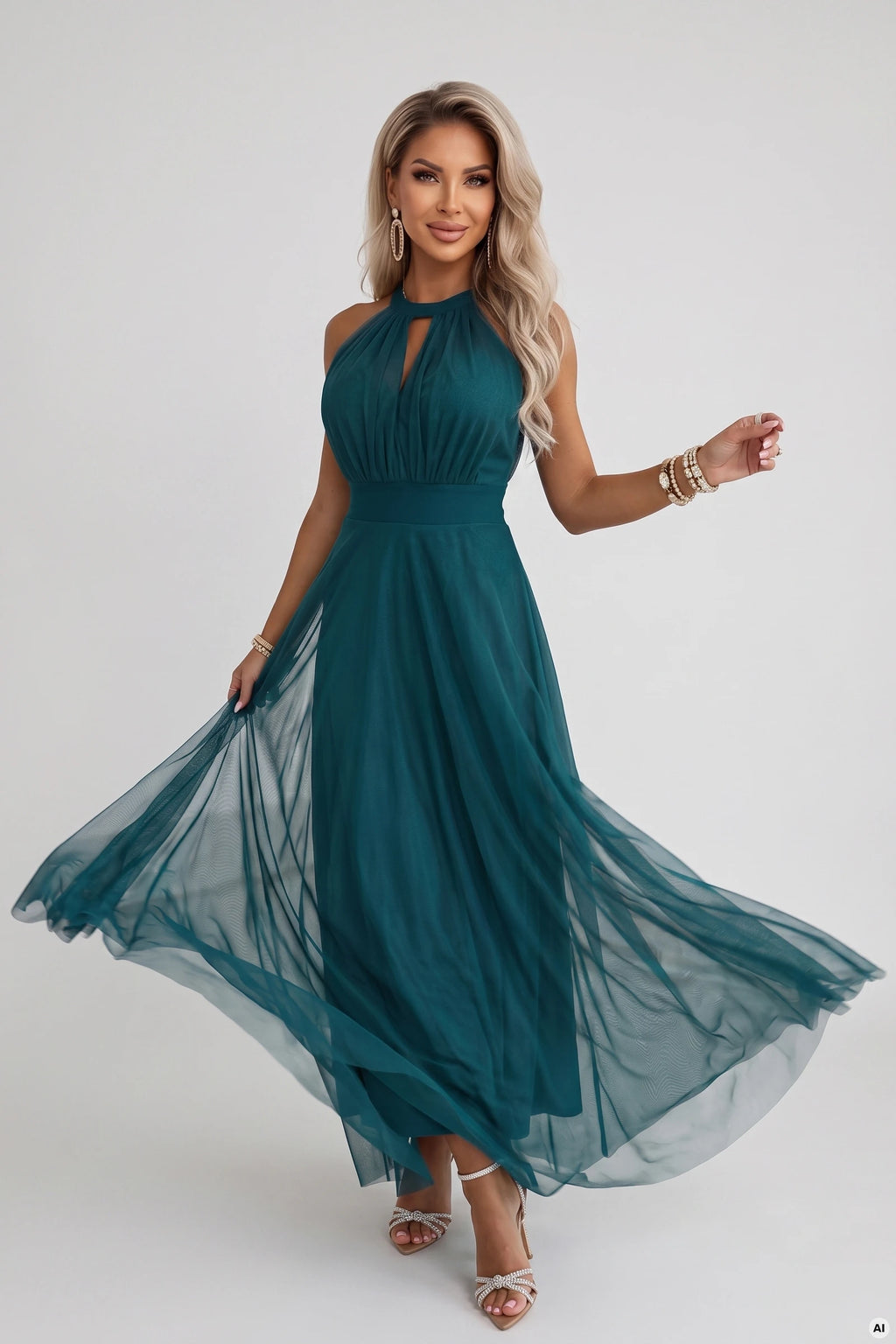 662-4 Rochie de seară maxi elegantă cu decolteu halter, tul și șnur în talie - verde