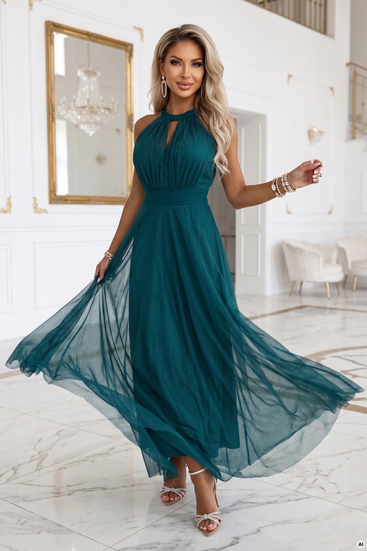 662-4 Rochie de seară maxi elegantă cu decolteu halter, tul și șnur în talie - verde