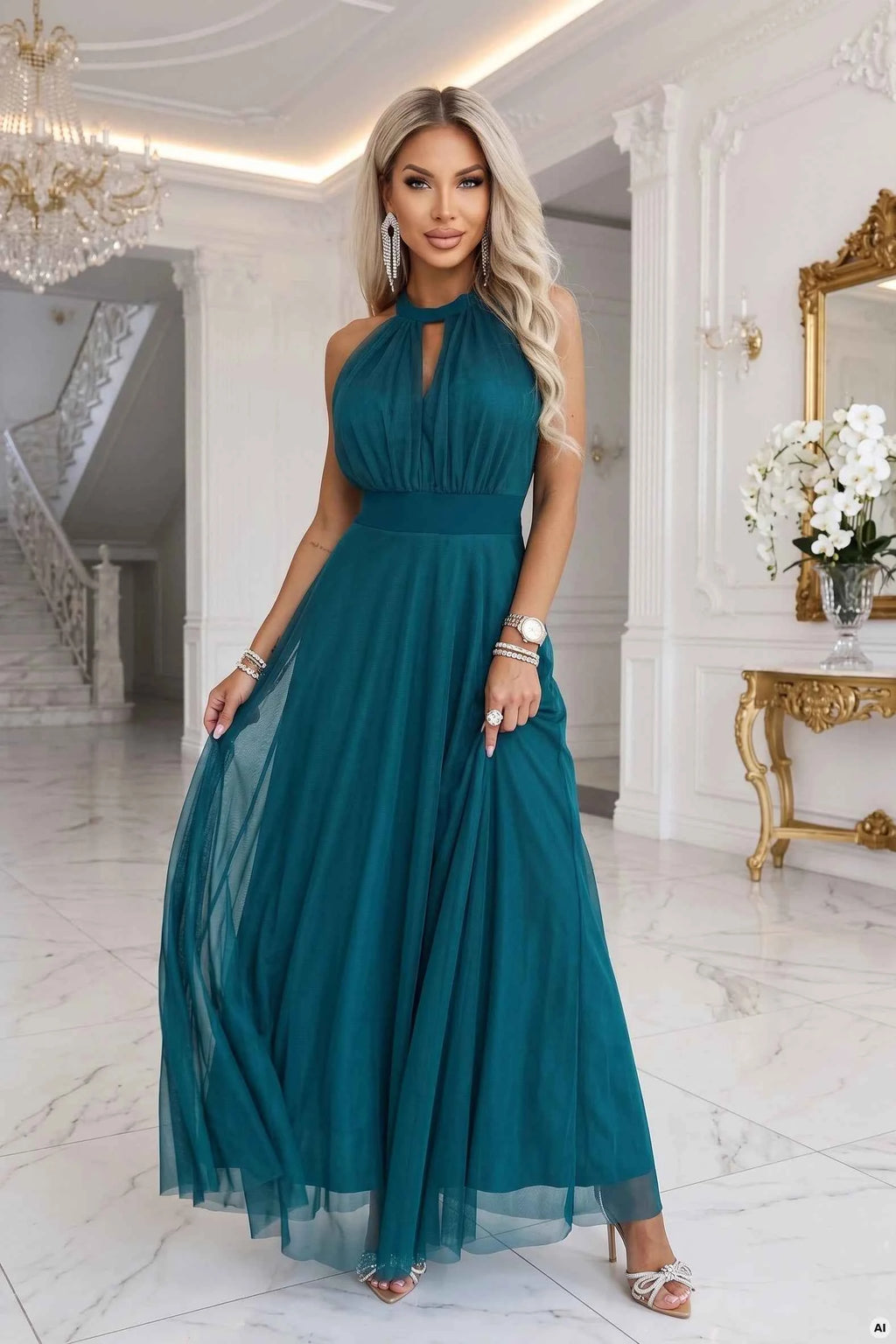 662-4 Rochie de seară maxi elegantă cu decolteu halter, tul și șnur în talie - verde