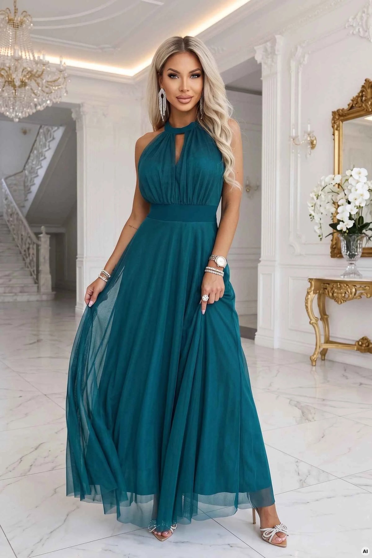 662-4 Rochie de seară maxi elegantă cu decolteu halter, tul și șnur în talie - verde