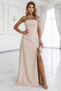 663-1 ELARA Rochie maxi tip corset cu șlit și legătură la spate - bej