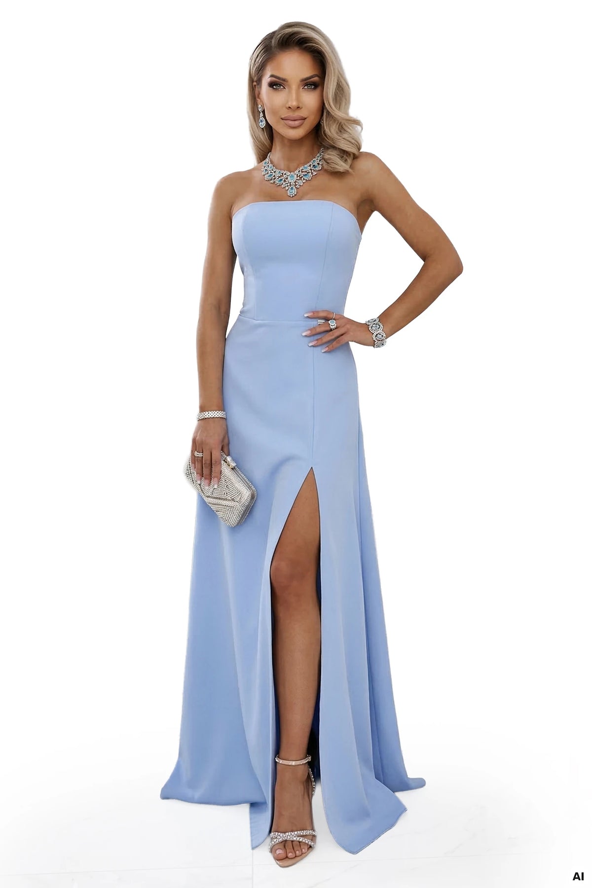 663-2 ELARA Rochie maxi tip corset cu șlit și legătură la spate - albastru deschis