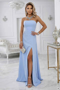 663-2 ELARA Rochie maxi tip corset cu șlit și legătură la spate - albastru deschis
