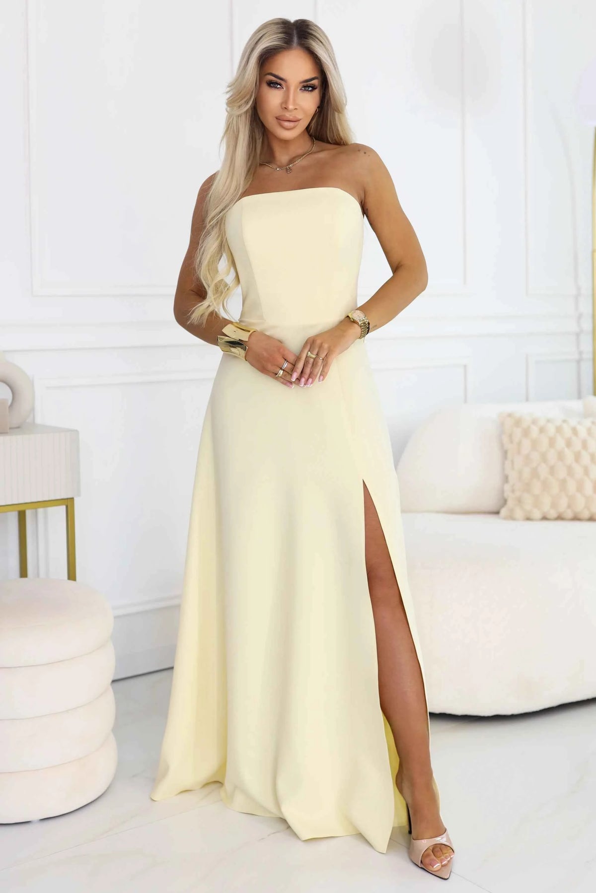 663-3 ELARA Rochie maxi tip corset cu șlit și legătură la spate - galben unt