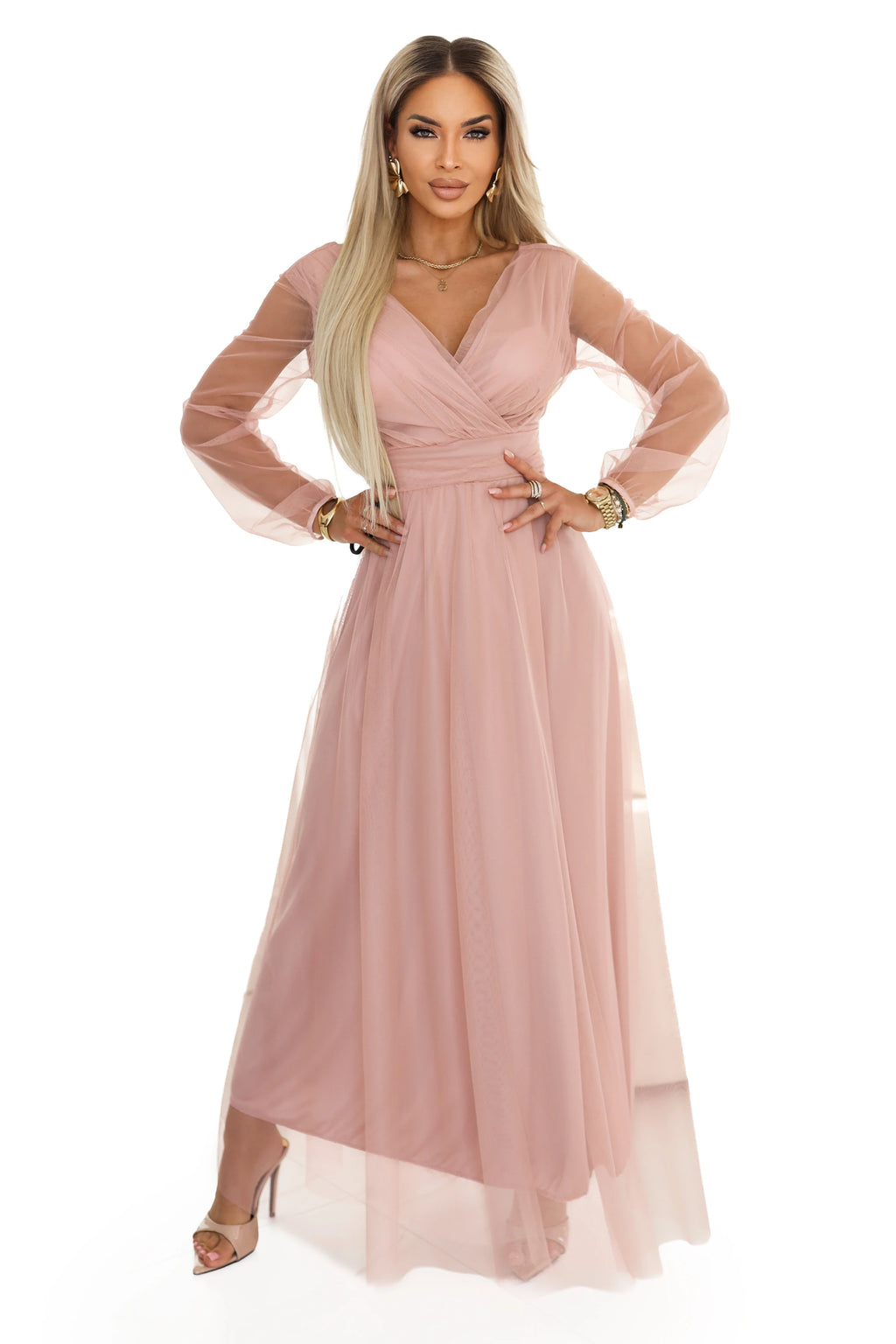 664-1 Rochie maxi lungă cu mâneci din tulle și decolteu tip plic - roz pudră