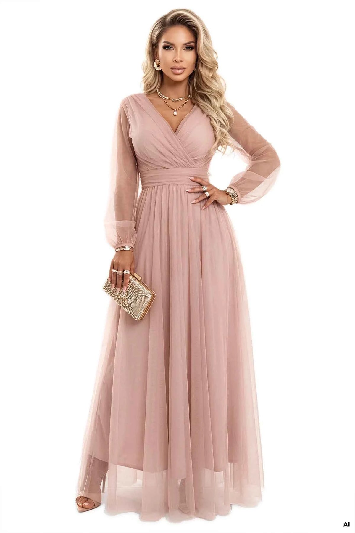 664-1 Rochie maxi lungă cu mâneci din tulle și decolteu tip plic - roz pudră