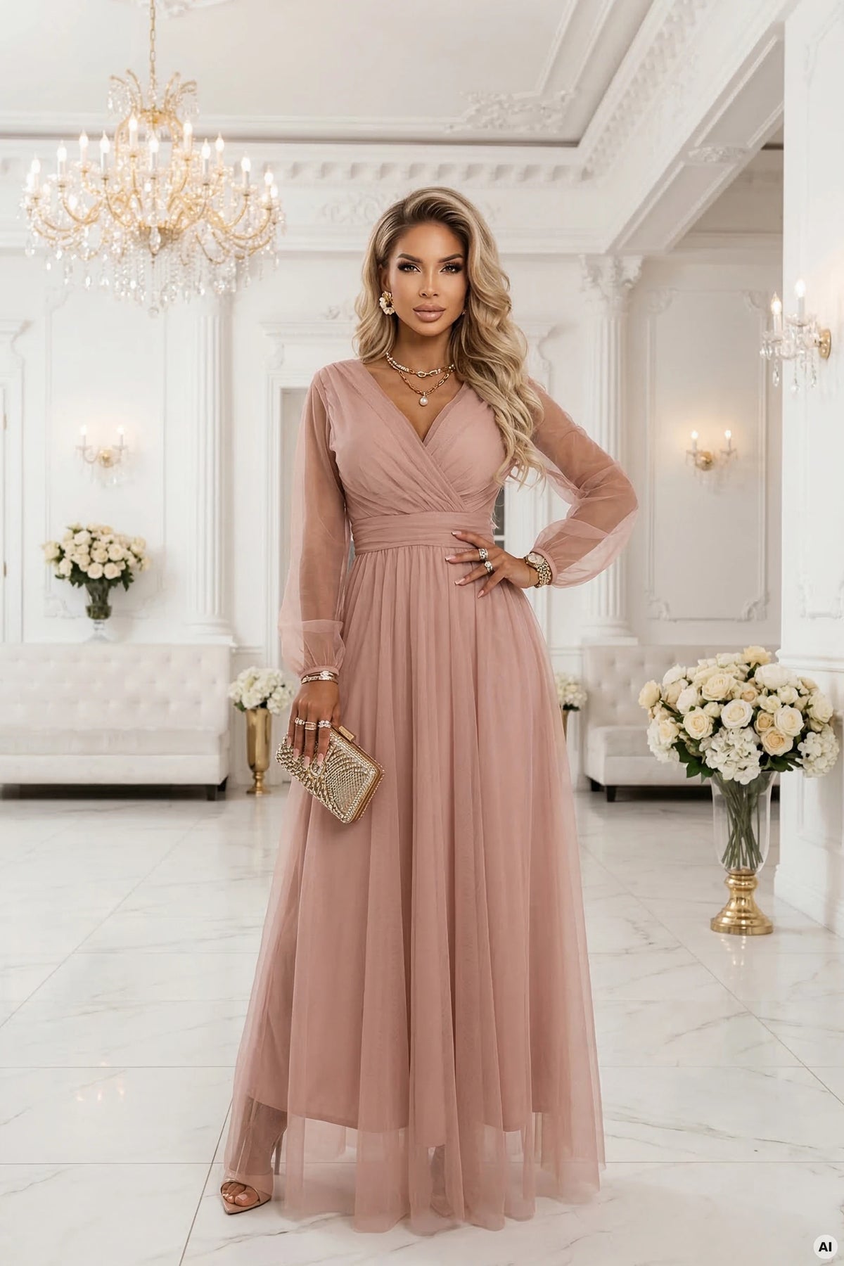664-1 Rochie maxi lungă cu mâneci din tulle și decolteu tip plic - roz pudră