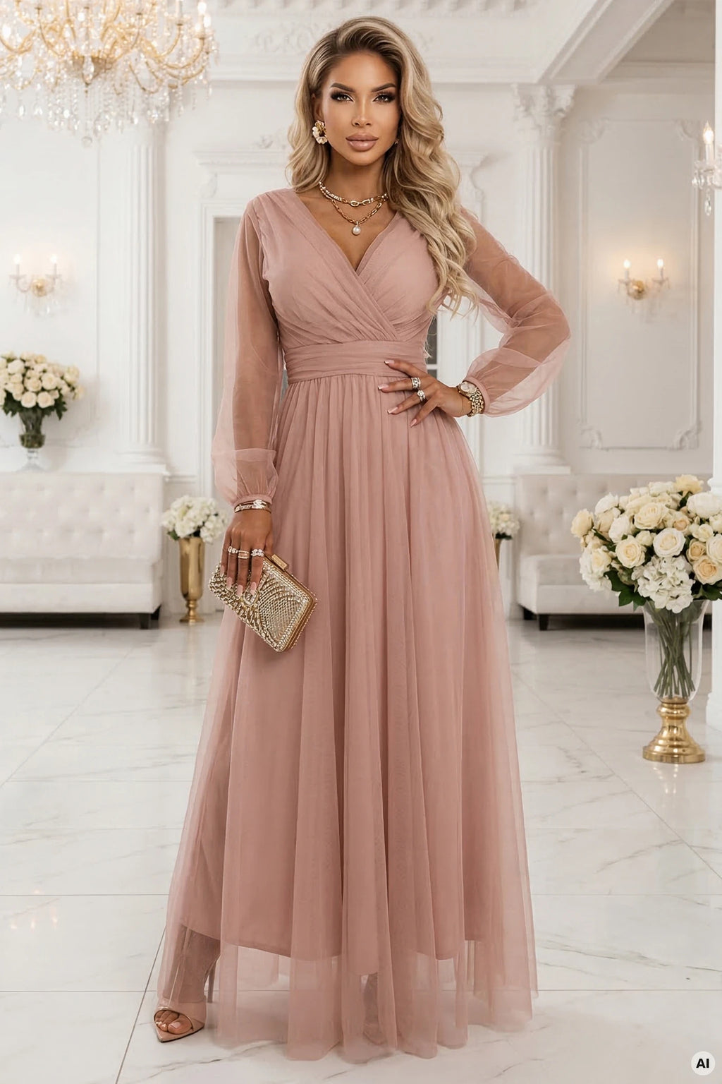 664-1 Rochie maxi lungă cu mâneci din tulle și decolteu tip plic - roz pudră