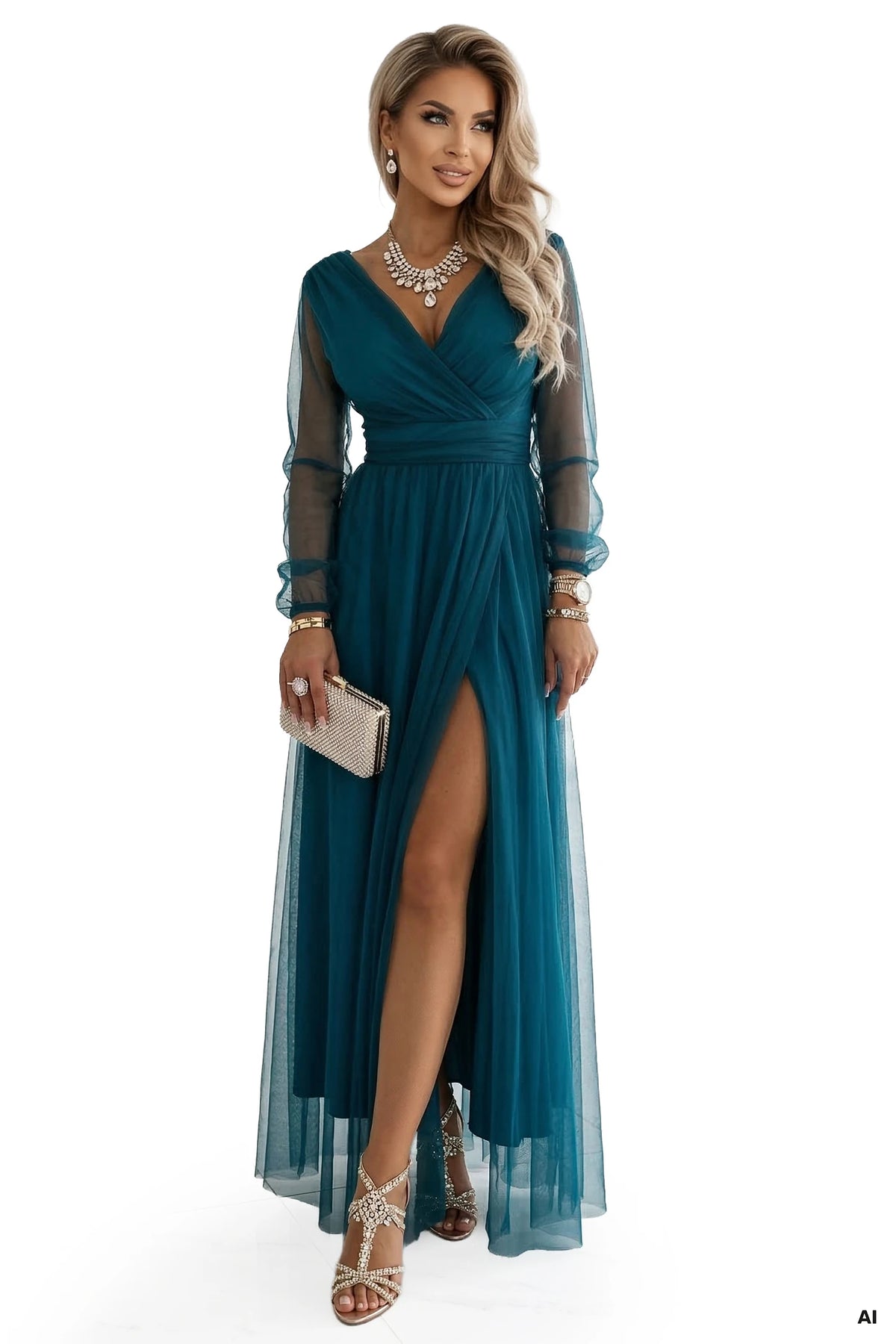 664-2 Rochie maxi lungă cu mâneci din tulle și decolteu tip plic - verde sticlă