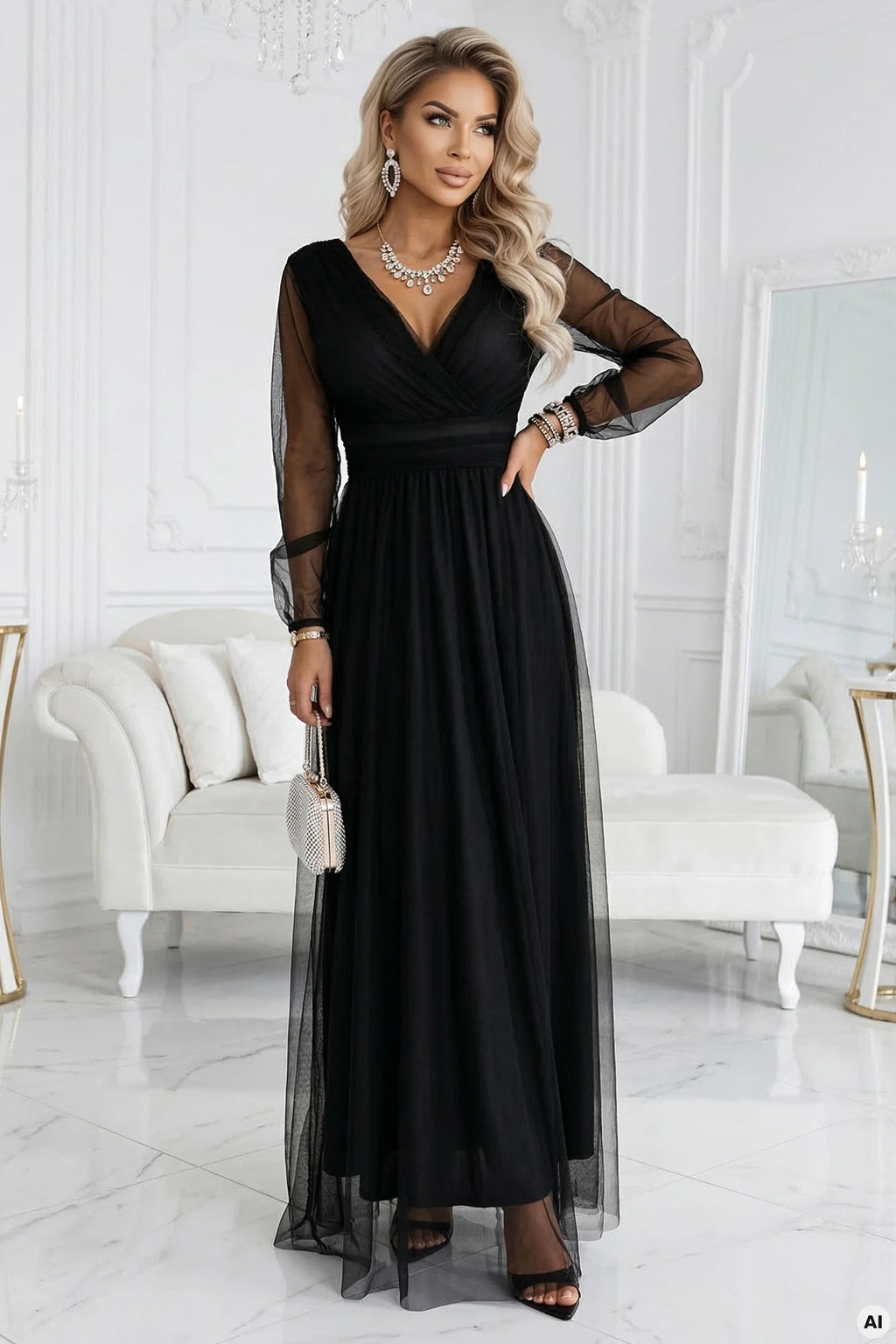 664-3 Rochie maxi lungă cu mâneci din tulle și decolteu tip plic - neagră
