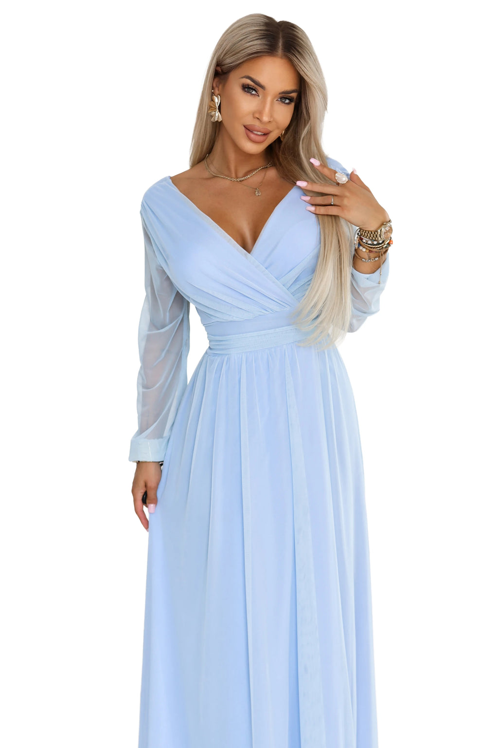664-5 Rochie maxi lungă cu mâneci din tul și decolteu plic - albastru deschis