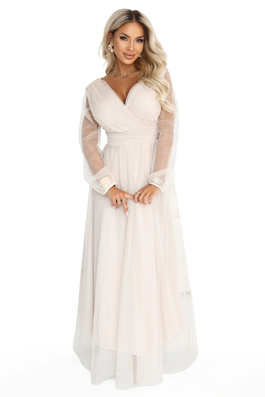 664-6 Rochie maxi lungă cu mâneci din tul și decolteu petrecut - bej