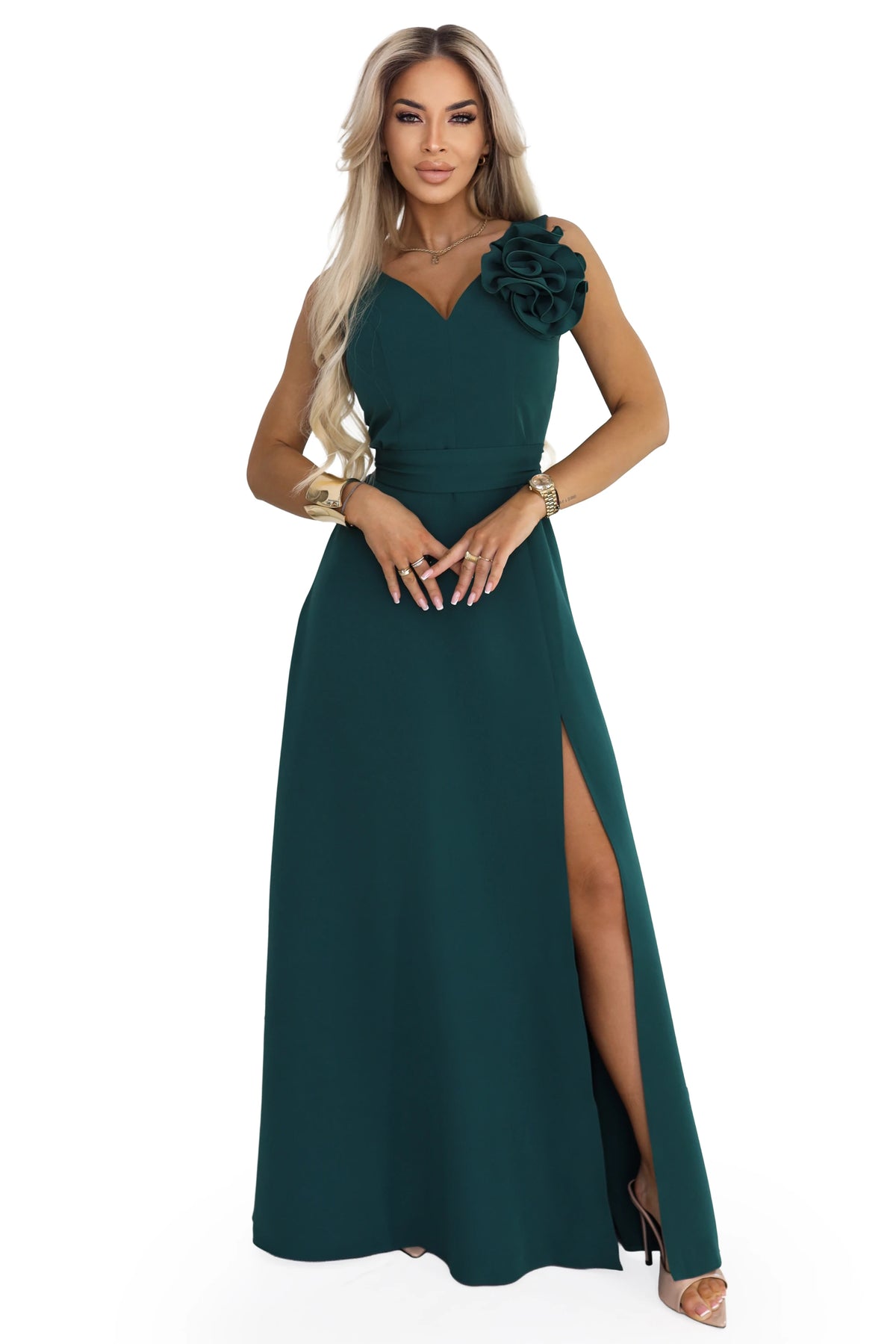 669-1 Rochie maxi romantică cu floare pe umăr și crestătură - verde sticla