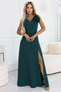 669-1 Rochie maxi romantică cu floare pe umăr și crestătură - verde sticla