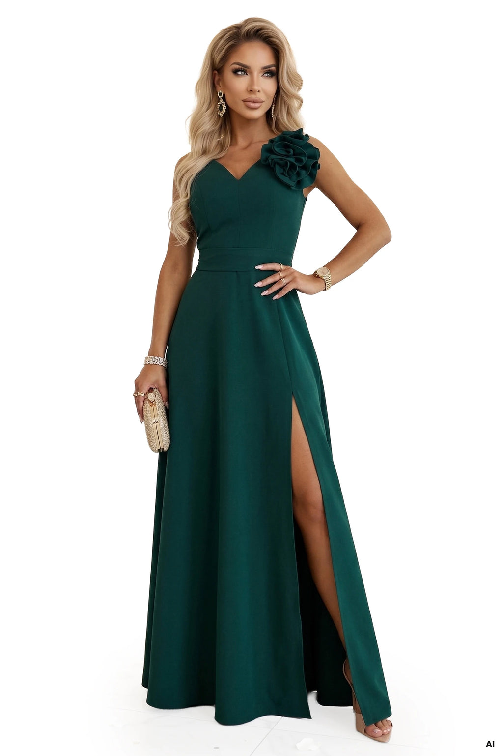 669-1 Rochie maxi romantică cu floare pe umăr și crestătură - verde sticla