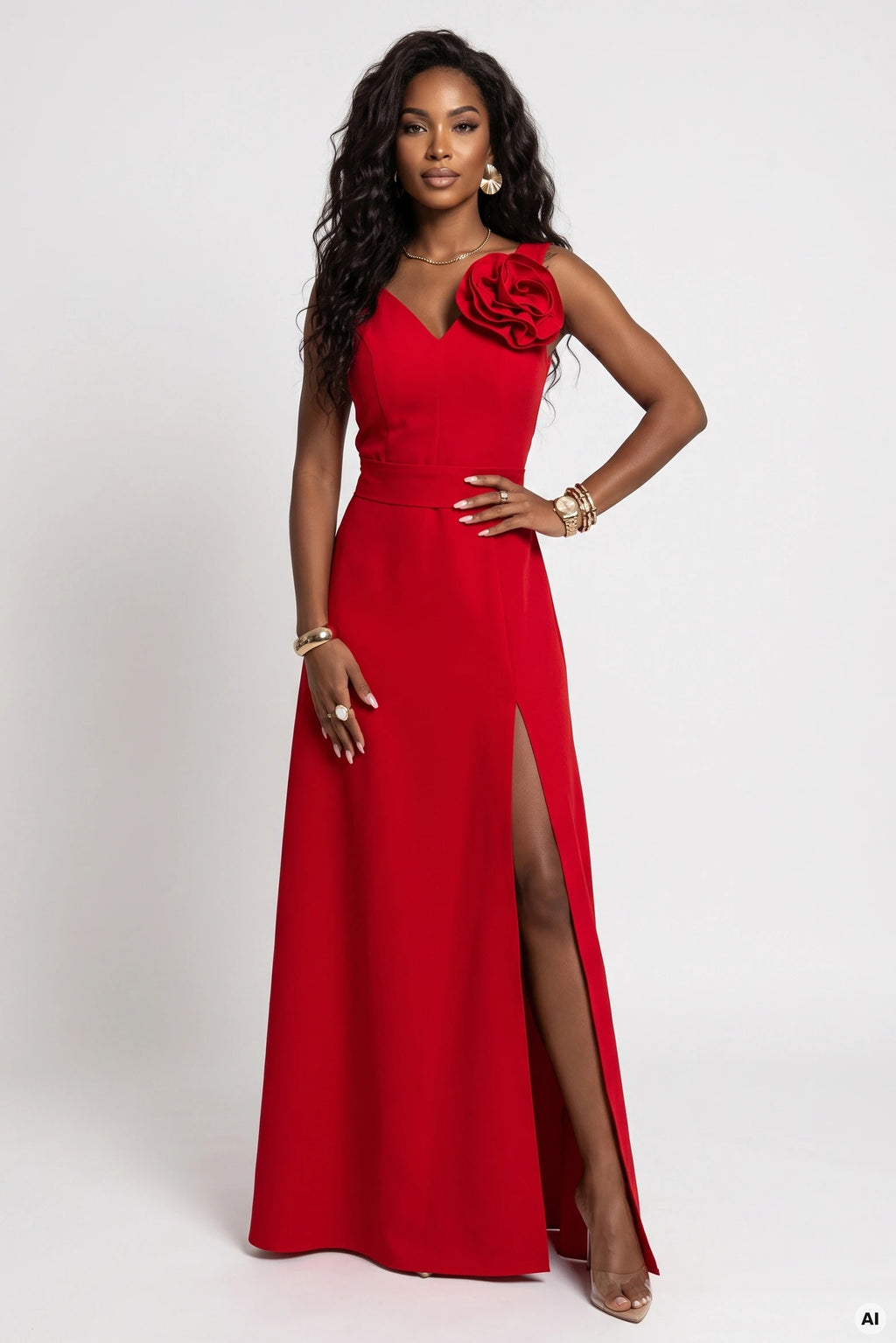 669-4 Rochie maxi romantică cu floare pe umăr și crestătură - roșie