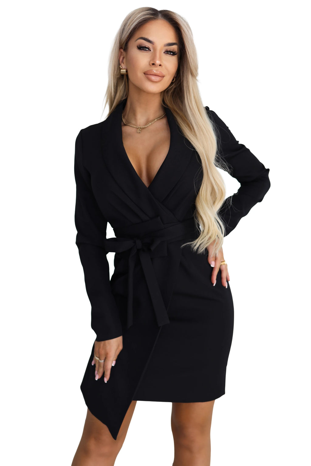 670-1 Rochie elegantă tip sacou cu curea și tiv asimetric - neagră