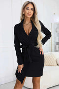 670-1 Rochie elegantă tip sacou cu curea și tiv asimetric - neagră