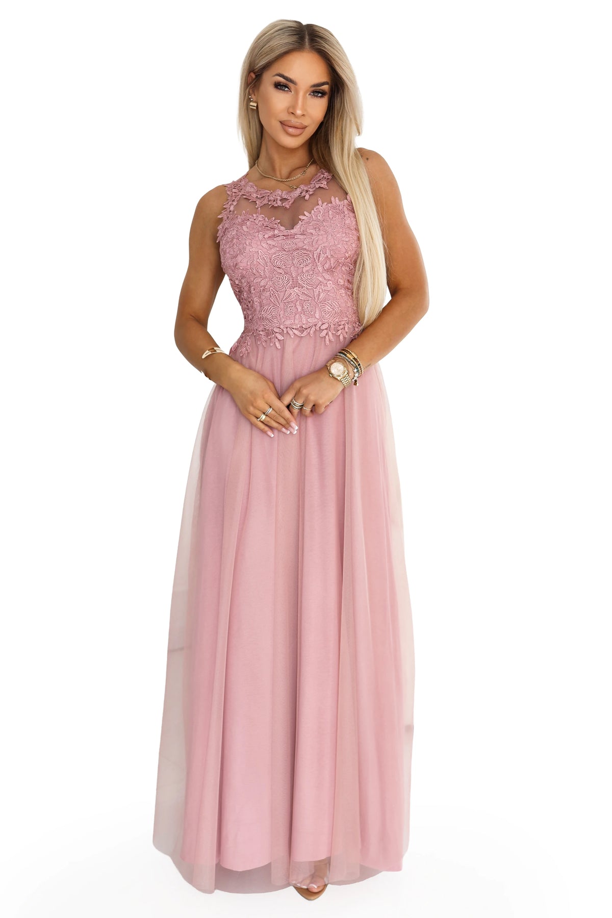 672-2 Rochie maxi romantică pentru nuntă cu dantelă brodată și tul - roz pudrat