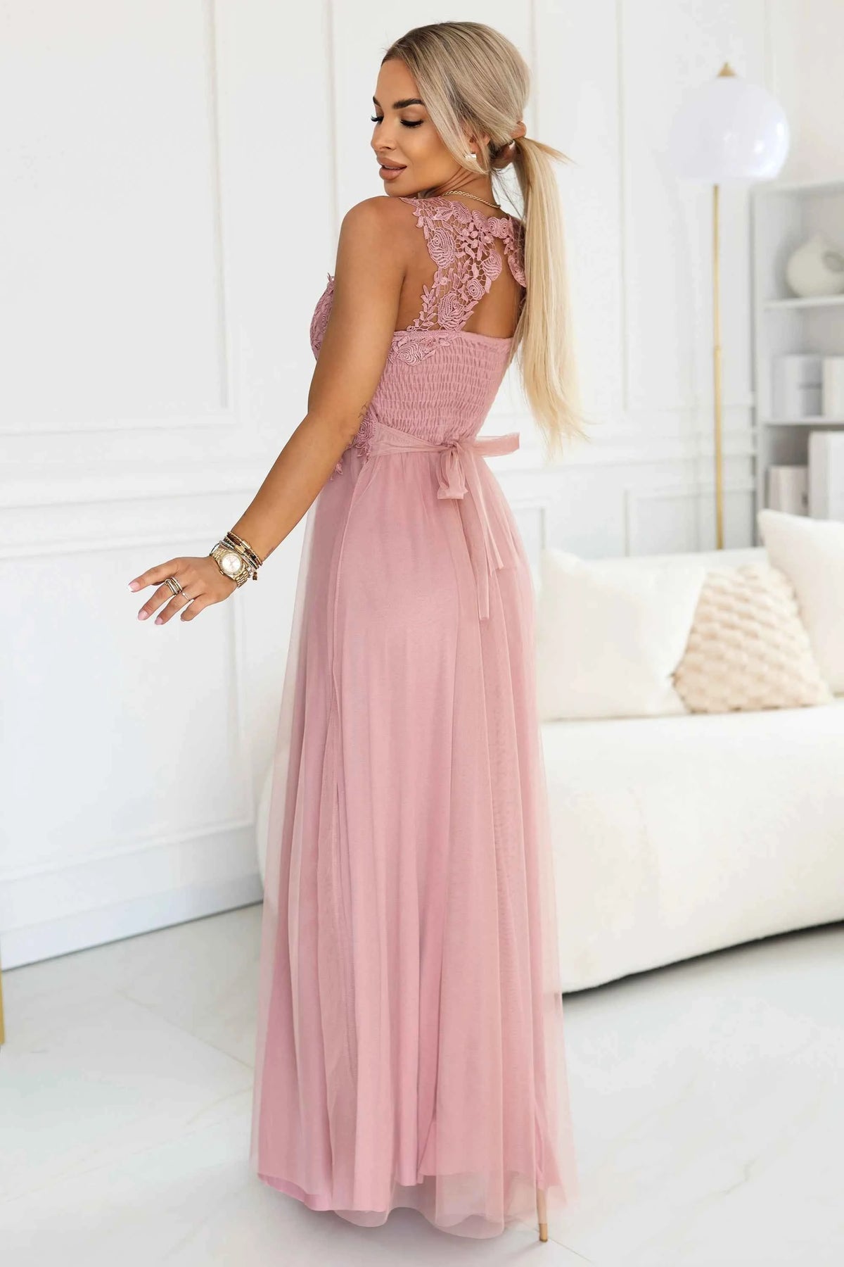 672-2 Rochie maxi romantică pentru nuntă cu dantelă brodată și tul - roz pudrat