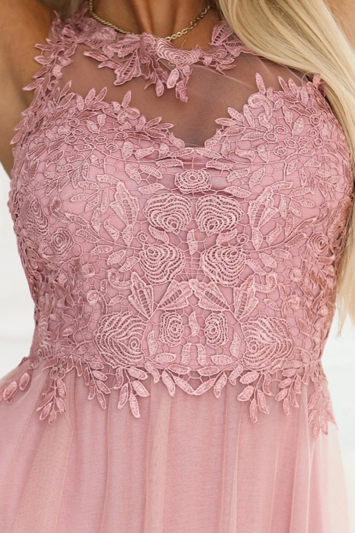 672-2 Rochie maxi romantică pentru nuntă cu dantelă brodată și tul - roz pudrat