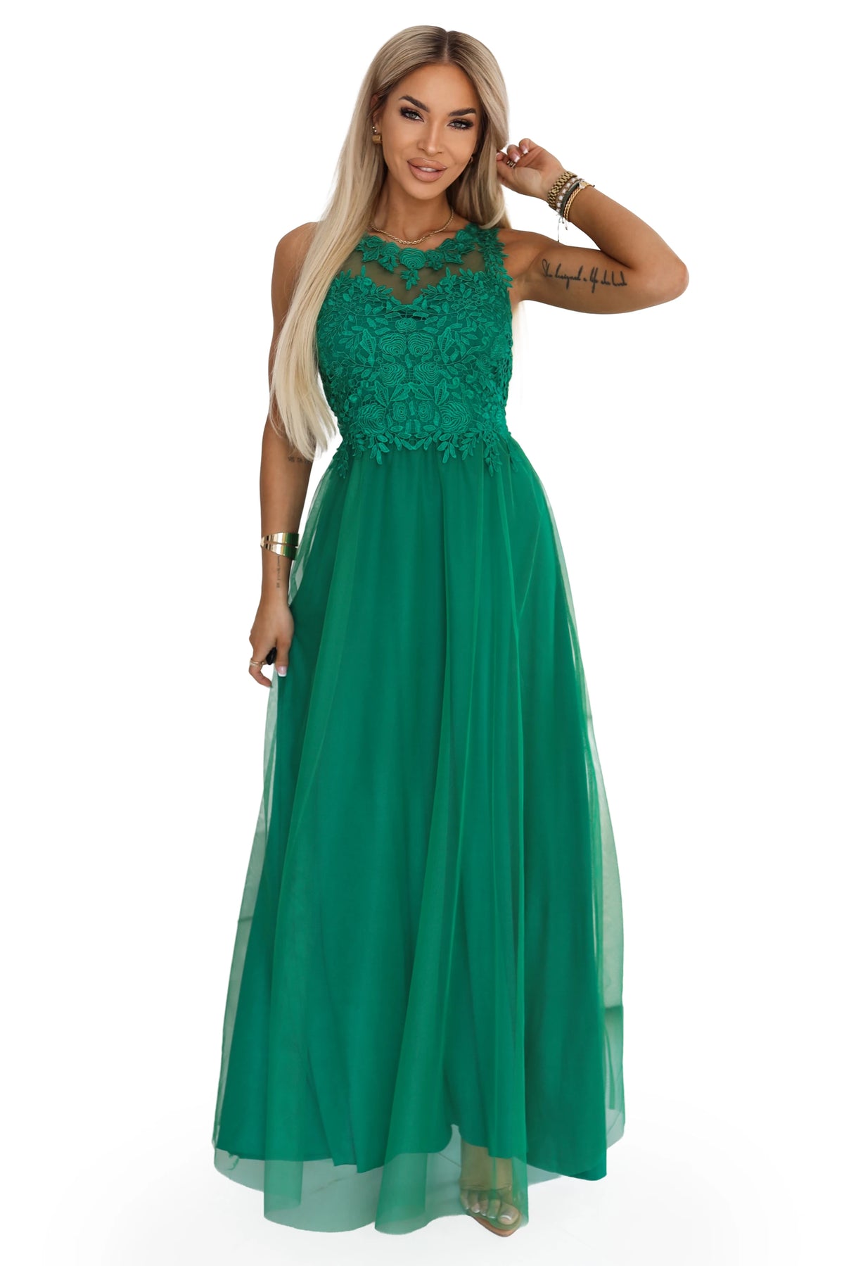 672-3 Rochie maxi romantică pentru nuntă cu dantelă brodată și tul - verde