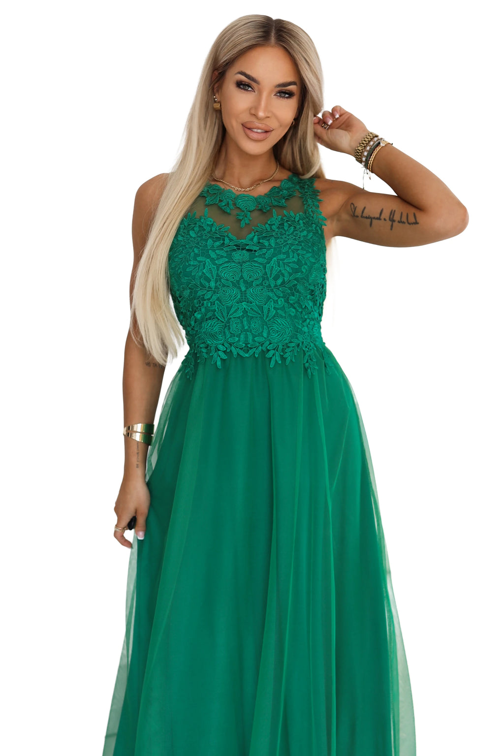 672-3 Rochie maxi romantică pentru nuntă cu dantelă brodată și tul - verde