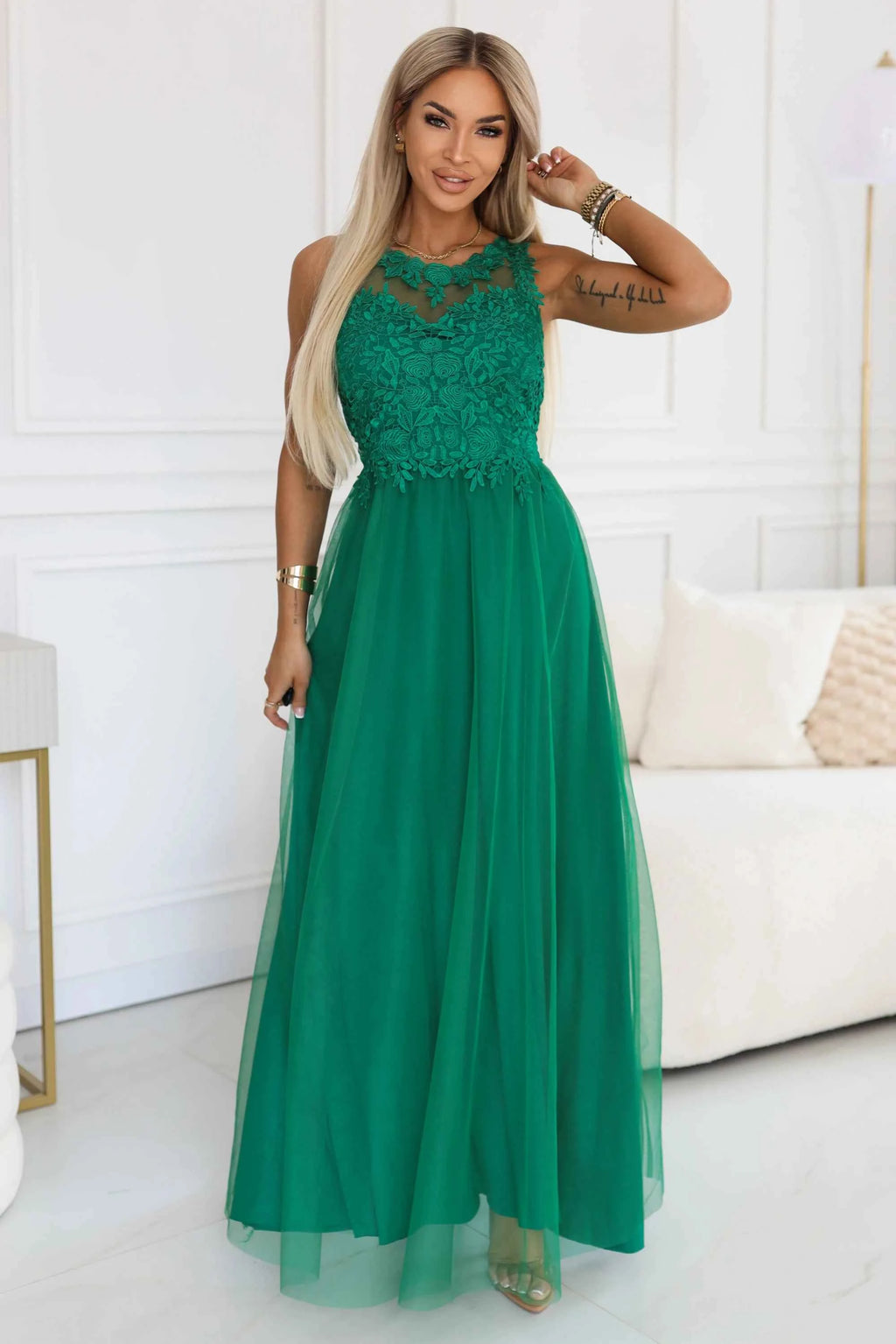 672-3 Rochie maxi romantică pentru nuntă cu dantelă brodată și tul - verde
