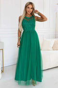 672-3 Rochie maxi romantică pentru nuntă cu dantelă brodată și tul - verde