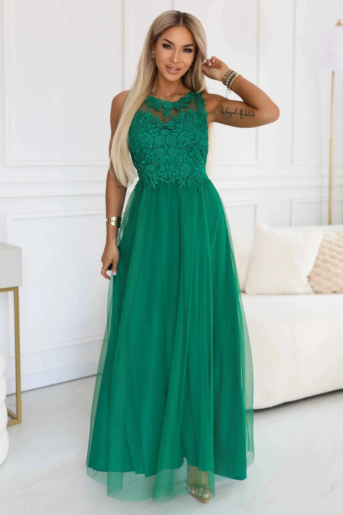 672-3 Rochie maxi romantică pentru nuntă cu dantelă brodată și tul - verde