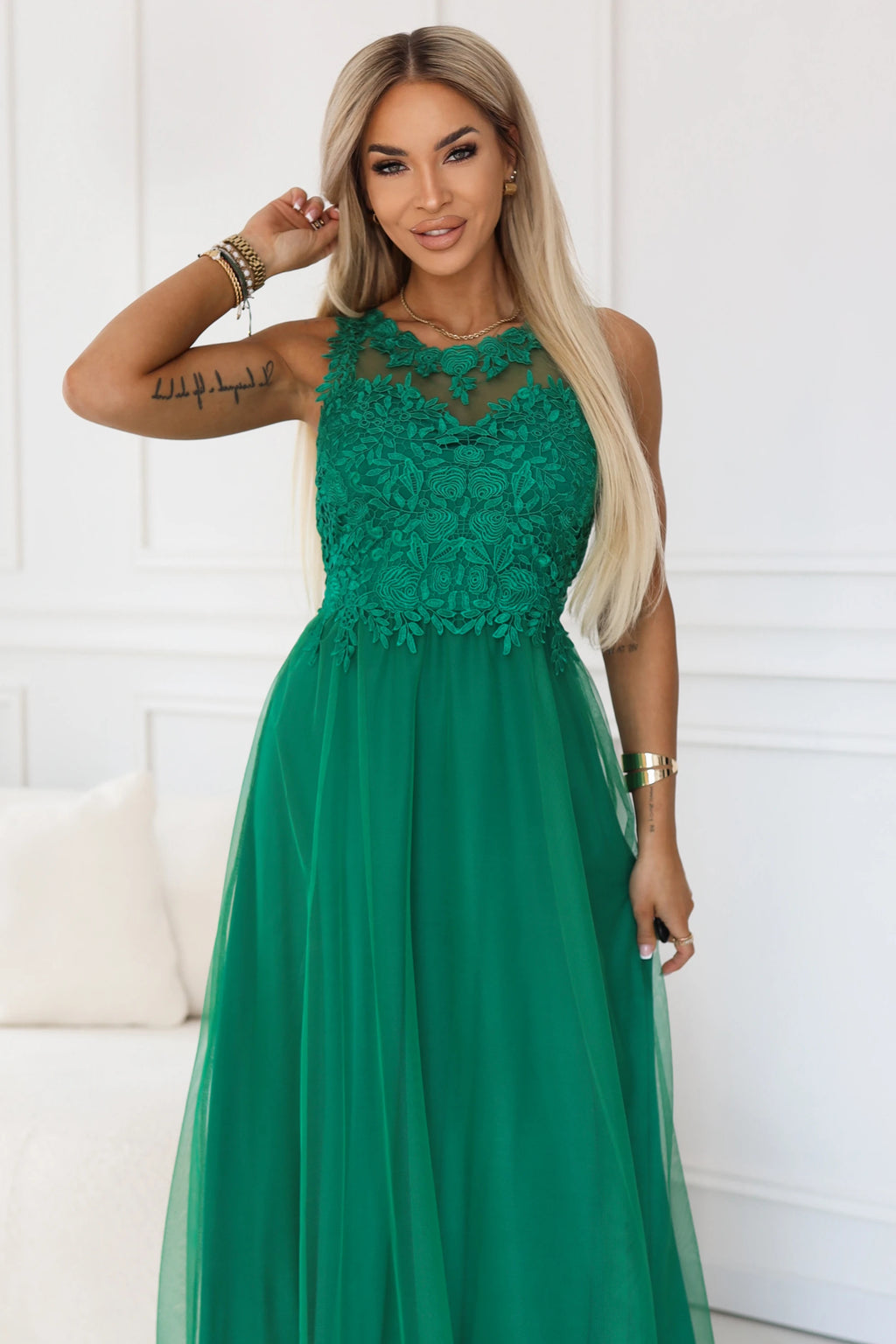 672-3 Rochie maxi romantică pentru nuntă cu dantelă brodată și tul - verde