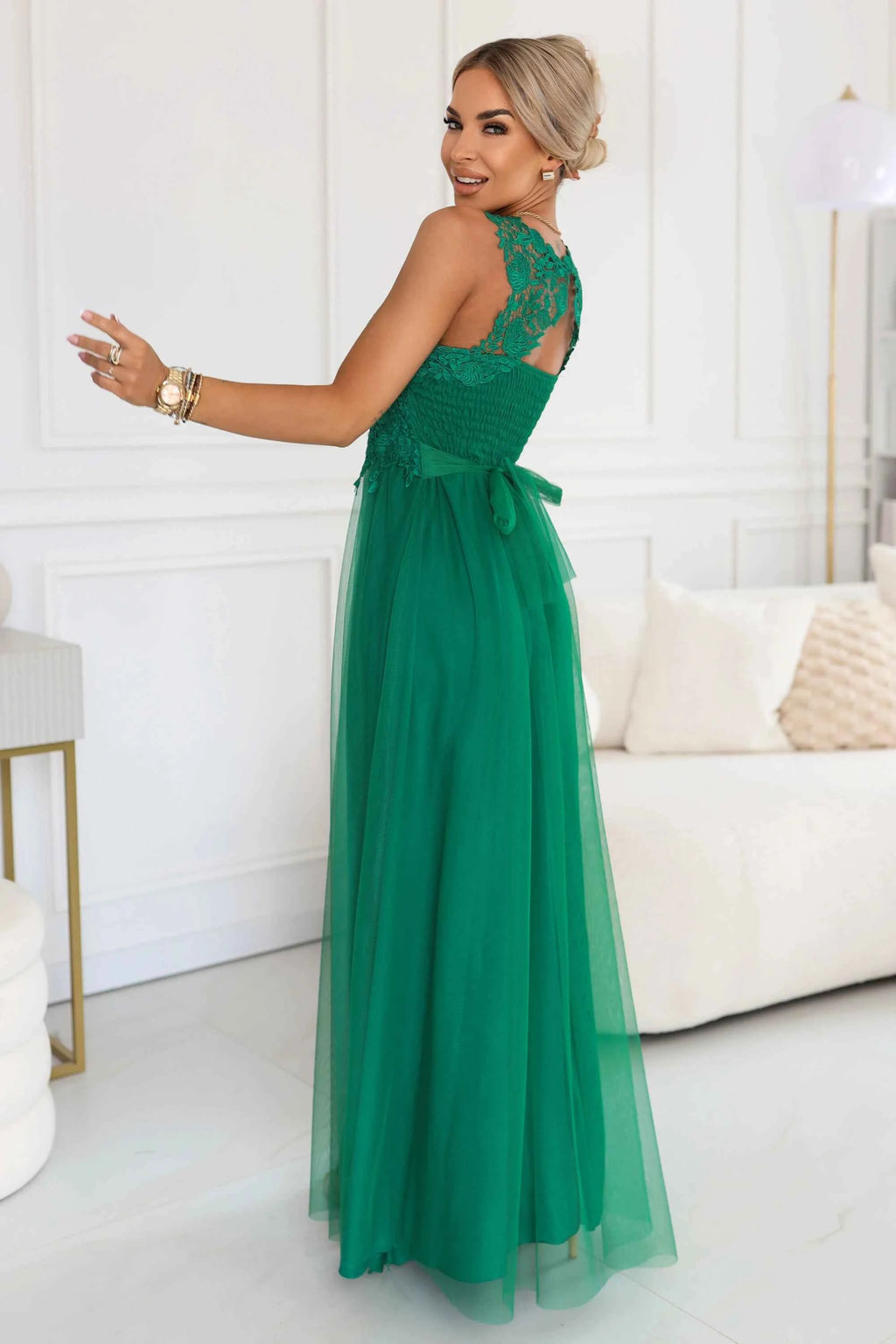 672-3 Rochie maxi romantică pentru nuntă cu dantelă brodată și tul - verde