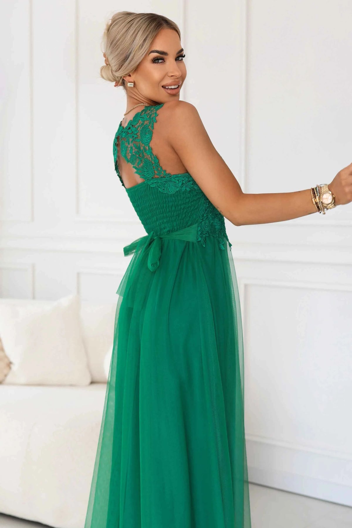 672-3 Rochie maxi romantică pentru nuntă cu dantelă brodată și tul - verde